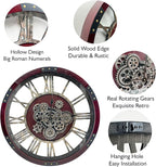 DORBOKER 27" Original Moving Gears Wall Clock, Large Industrial Wall Clock for Living Room Decor, Retro Metal Solid Wood Vintage Farmhouse Steampunk Rustic Clocks for Wall Decor,Cherry Red