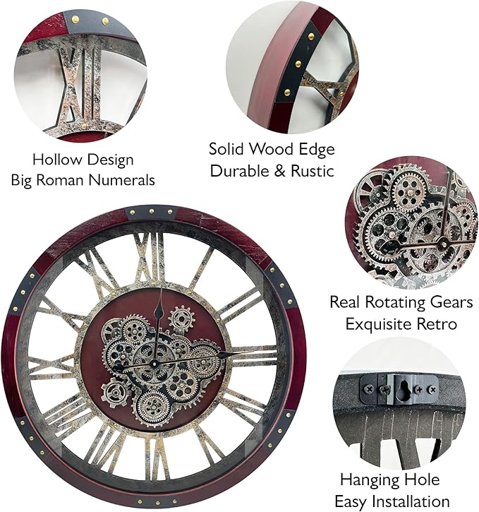 DORBOKER 36" Original Moving Gears Wall Clock, Large Industrial Wall Clock for Living Room Decor,Oversized Wood Vintage Farmhouse Steampunk Rustic Clocks for Wall Decor,Cherry Red