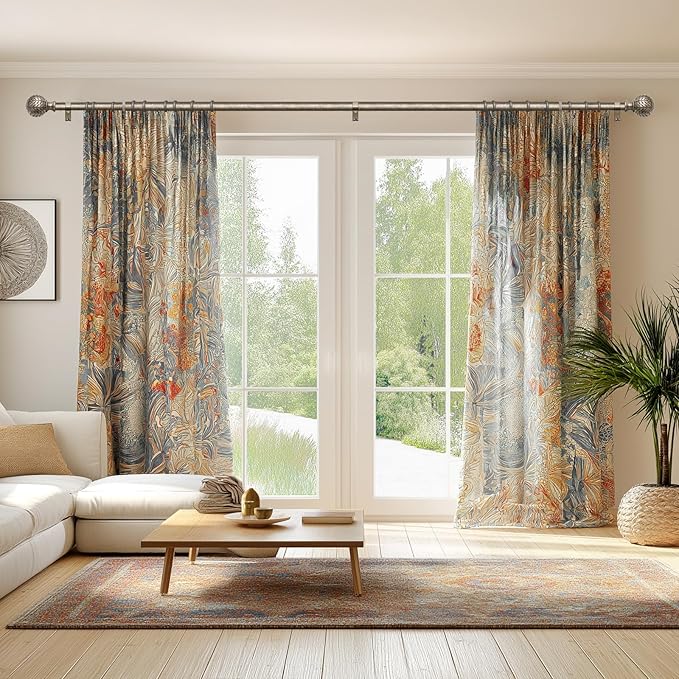 2 Pack Silver Curtain Rods for Windows 48 to 84 Inch,1'' Diameter Drapery Rods with Leaf Pattern Finials,Boho Adjustable Heavy Duty Curtain Rods Set,36-88'',Retro Silver