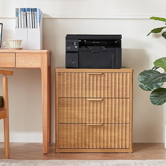 LEYAOYAO Fluted Nightstand Set of 2 with Charging Station,23" Modern Nightstand with Woodgrain Top, 3 Drawer End Table w/Storage, BedsideTables for Bedroom, Living Room, Curved Profile,Brown