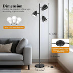 QiMH Tree Floor Lamp with 3 Light Bulbs, Standing Tall Pole Lamps for Living Room Bedroom Office, Reading Stand up Lamps with 3 Adjustable Arms, Black