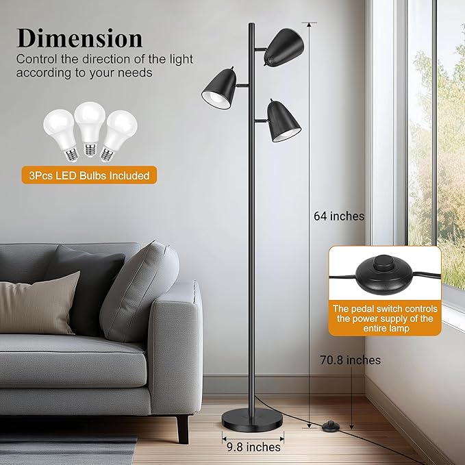 QiMH Tree Floor Lamp with 3 Light Bulbs, Standing Tall Pole Lamps for Living Room Bedroom Office, Reading Stand up Lamps with 3 Adjustable Arms, Black