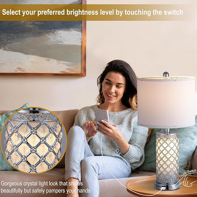 Serteaw Touch Control Table Lamp Set of 2,Silver Crystal Nightstand Lamps with USB Charging Ports, Stepless Dimming, Modern Side Lamps for Bedroom & Living Room, Energy-Efficient LED Bulbs Included