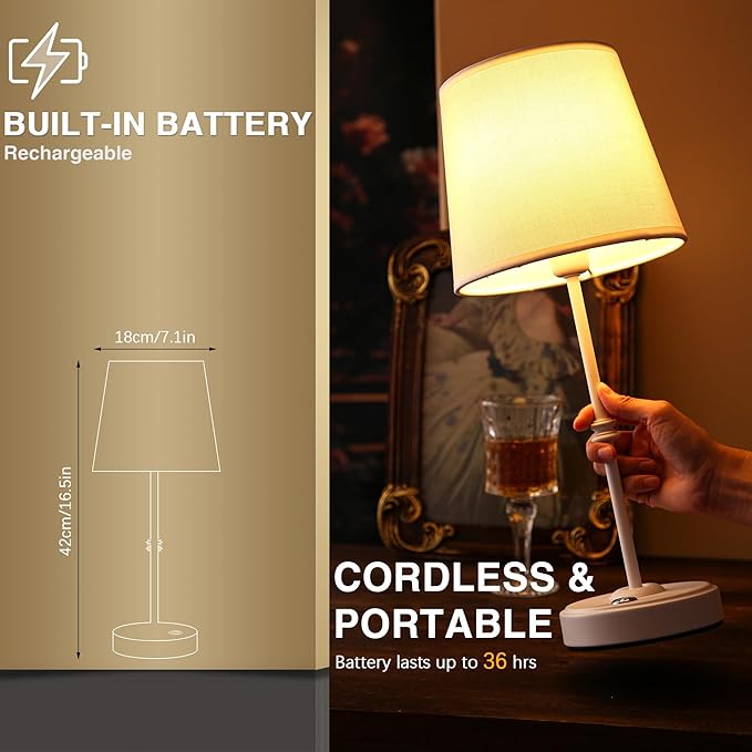 Rechargeable LED Cordless Table Lamp, 5200mAh Battery Operated, 3 Level Brightness, Portable Night Bedside Lamp, Ambient Desk Light for Home Decor, Patio, Restaurant, Dinningt (White)