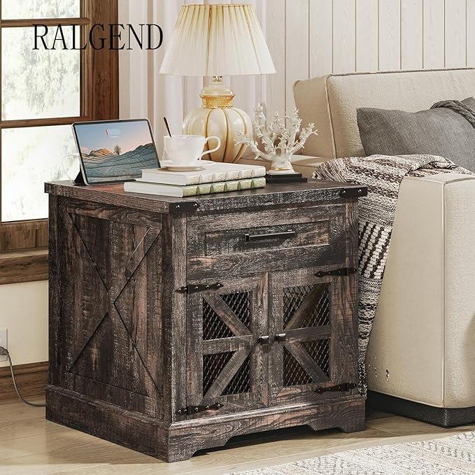 Farmhouse End Table Set of 2, 24" Large Sofa Side Table with Drawer, Large End Table for Living Room, Wooden Nightstand with Charging Station, Square, Dark Rustic Oak