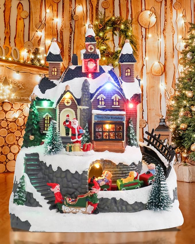 Bdor Christmas Village Lighted Decoration Musical Animated Display Christmas Collectible Santa Battery Operated Resin Indoor Decor