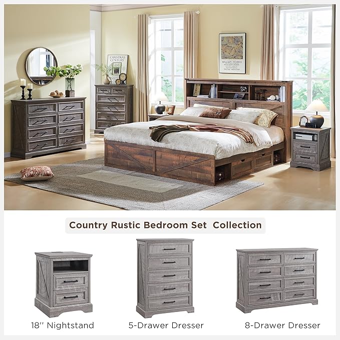 ACCOHOHO 18" Farmhouse Nightstand Set of 2 with Charging Station,End Table with 2 Drawers Storage,Side Table,Bedside Cabinet for Bedroom,Living Room, Grey