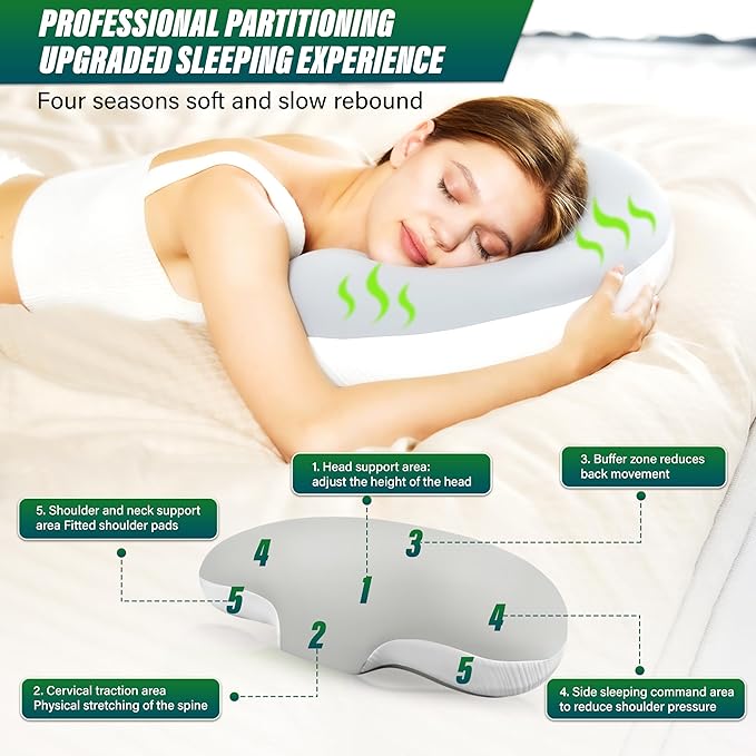 Ergonomic Memory Foam Cervical Pillow for Neck and Shoulder Pain Relief, Contour Design for Side and Back Sleepers, Orthopedic Bed Pillow with Breathable Cover, Odor-Free [Green]
