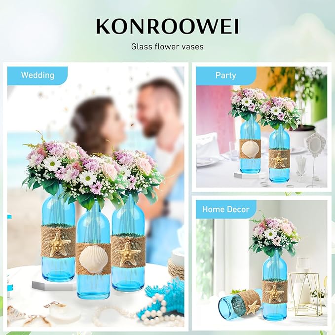 Shell Vase Set of 3 Blue Coastal Vase,Small Starfish Seashell Flower Glass Vases Handcrafted for Beachy Decor,Beach Wedding/Party Beach Home Decor (Blue)