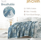 jinchan Boho 100% Cotton Muslin Twin Size 50x60 Inches Blanket Lightweight 4-Layer Quilted Soft Blue and White Floral Throw Blanket Green Accents Reversible Comfy Flower Breathable Summer Couch