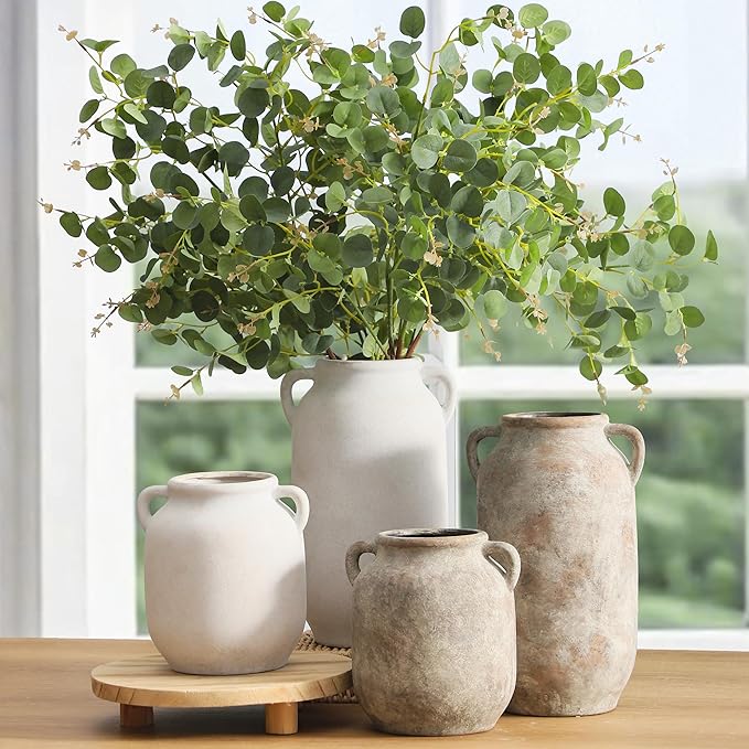 Large Flower Vase Home Decor - 12 inch Tall Ceramic Farmhouse White Rustic Table Vases with Handle Living Room Decoration Decorative Modern for Fireplace Kitchen