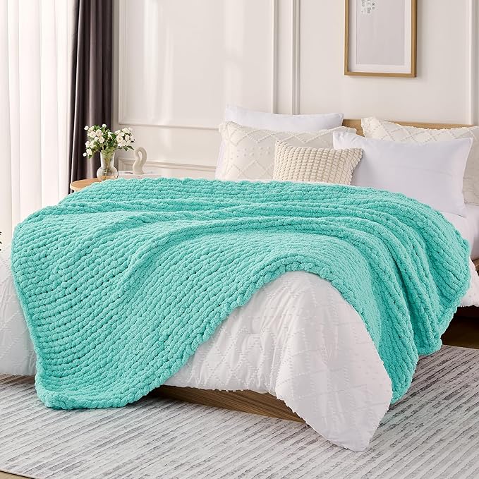 L'AGRATY Chunky Knit Blanket Throw: 50''x60'' Chenille Chunky Knitted Throw Blanket for Bed Couch - Handmade Thick Big Cable Knit Blanket - Large Crochet Rope Blanket for Home Decor(Lake Blue)