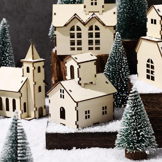 Hiboom 24 Pcs DIY Christmas Village Sets Wood Rustic Church Christmas Mini Wooden House Gift for Winter Xmas Party Crafts Decorations