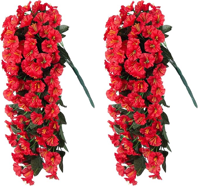 Artificial Fall Faux Hanging Flowers Plants for Outdoor Outside, 2 PCS Fake Silk Red Morning Glory Long Vines UV Resistant Realistic for Home Porch Patio Balcony Planter Decoration