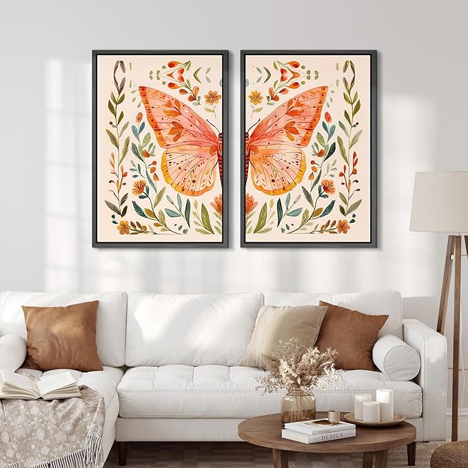 SIGNFORD Framed Canvas Print Wall Art Set Whimsical Butterfly and Florals Colorful Nature Illustration Modern Art Decorative Nordic Nature for Living Room, Bedroom, Office - 16"x24"x2 Black