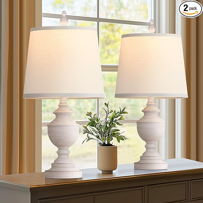 PARTPHONER Retro Table Lamps Set of 2, Bedside Lamp for Bedroom Rustic Farmhouse Table Lamps for Living Room, 22" Vintage Nightstand Lamps with White Shades, White