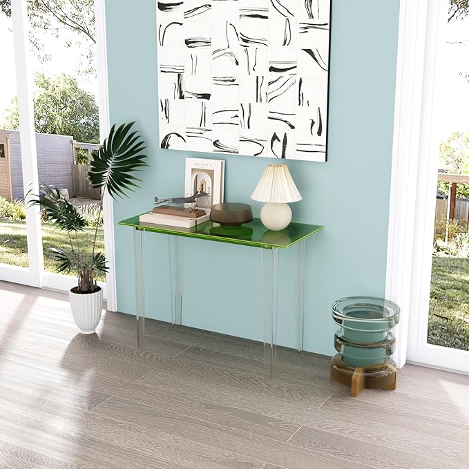 Acrylic Desk, Modern Study Table for HomeOffice-Extended Surface Multi-Purpose Console & EntrywayTable, Sturdy Lightweight Design (42.5-inch, Green)