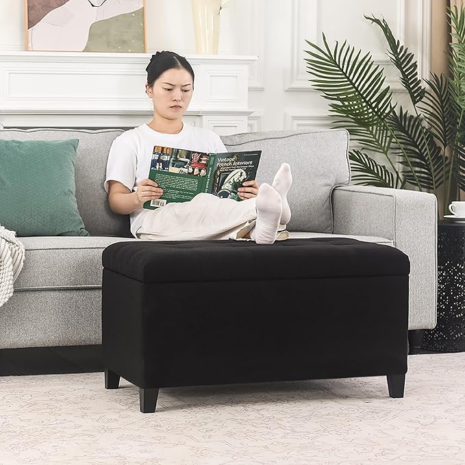 Asense Storage Ottoman Bench, Tufted Fabric Upholstered End of Bed Bench with Safety Hinge Wooden Legs, for Entryway Bedroom (Cotton and Linen Black, 33.3")
