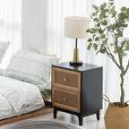 COZAYH Set of 2 Fully-Assembled 2-Drawer Woven Cane Front Accent Nightstand with Brass Knobs, Black
