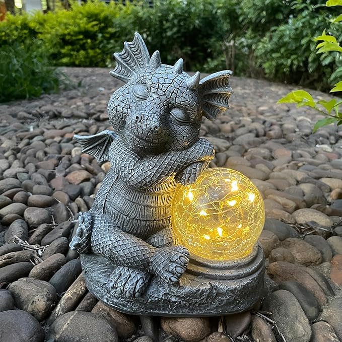 Garden Dragon Figurine Solar Powered Outdoor Cute Dragon with Hold Glowing Glass Ball Resin Sculpture for Porch Patio Lawn Farm Yard Home Decoration Gift for Women Housewarming