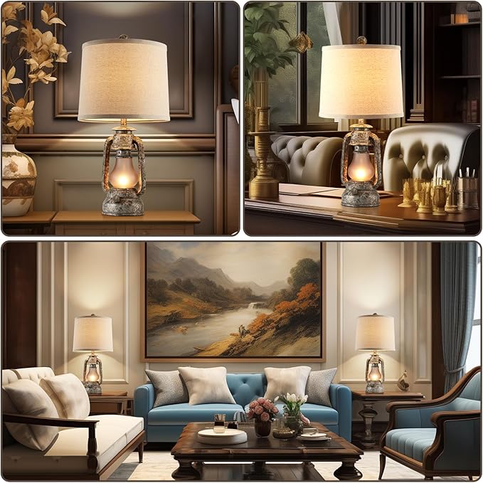 RORIANO Farmhouse Rustic Table Lamps for Living Room Set of 2, Vintage Lantern Table Lamp with Dual USB Ports, Retro Nightstand Lamp for Bedroom Bedside, 4 Bulbs Included (Iron Gray)