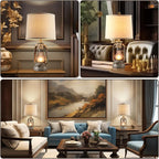 RORIANO Farmhouse Rustic Table Lamps for Living Room Set of 2, Vintage Lantern Table Lamp with Dual USB Ports, Retro Nightstand Lamp for Bedroom Bedside, 4 Bulbs Included (Iron Gray)