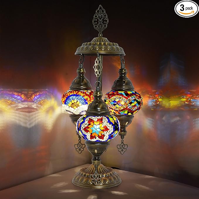 mozaist Turkish Table Lamp, Boho Lamp, 3 Globe Mosaic Desk Light, Decorative Tiffany Lampshade, Colorful Vintage Lamp for Bedroom, Living Room, Kids Room US Plug & E12 Socket, Mixed Mosaic