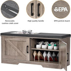 2-Tier Storage Bench, Shoe Bench with Padded Seat Cushion, Entryway Bench with 2 Barn Doors, Adjustable Shelf, 13.8" D x 39.4" W x 17.7" H, for Entryway, Living Room, Bedroom, Greige