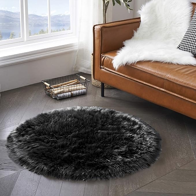 Latepis Black Round Rug 3ft Small Circle Rugs for Bedroom Faux Fur Fluffy Sheepskin Rug Furry Rugs for Living Room Home Décor
