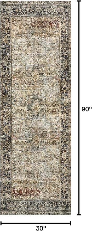 Loloi Layla Collection LAY-03 Olive/Charcoal 2'-6" x 7'-6" .13" Thick Runner Rug, Soft, Durable, Vintage Inspired, Distressed, Low Pile, Non-Shedding, Easy Clean, Printed, Living Room Rug