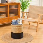 Wimarsbon Storage Pouf Ottoman, Hand Weaving Natural Straw Foot Stool, Bohemian Round Patio Ottomans, Rustic Lounge Pouffe, Outdoor Extra Seat for Garden (14inch Cattail+Black Corn Husk L)