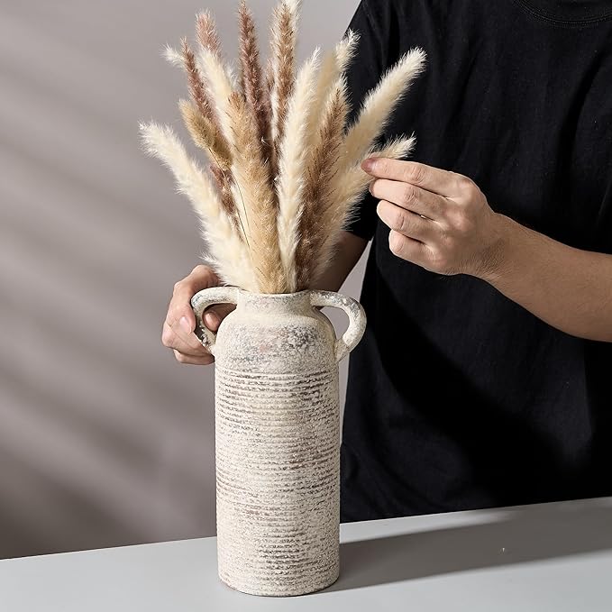 Ceramic Rustic Vase for Home Decor, Terracotta Vase with Handles, Handcrafted Vintage Decorative Flower Vase for Farmhouse, Living Room, Table, Fireplace, Nightstand