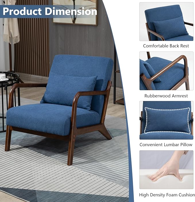 Modern Accent Chair, Cotton Linen Fabric Upholstered Lounge Armchair with Solid Wood Frame for Living Room, Bedroom, Reading Nook (Blue)
