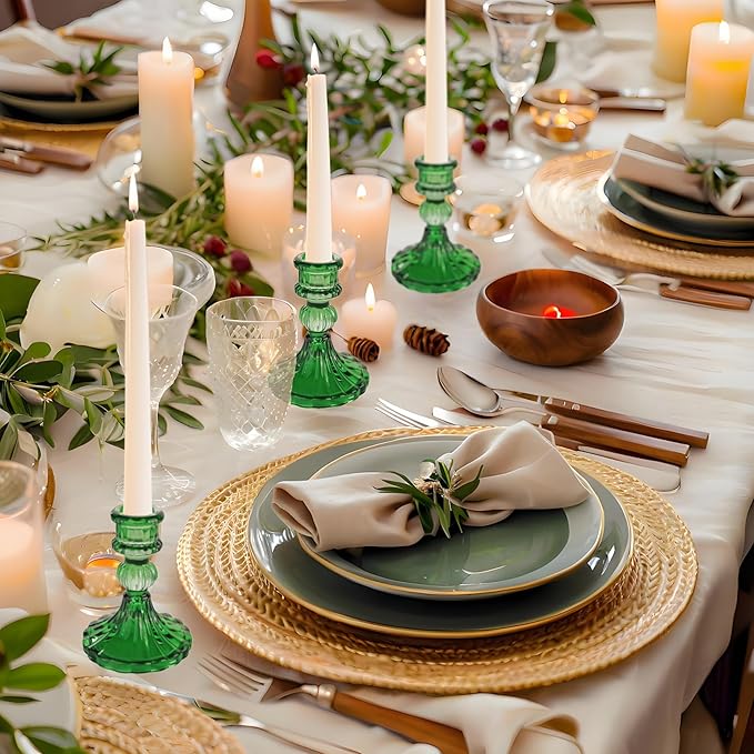Glass Candlestick Holder,Striped Taper Candle Holders,Set of 6 Candle Stand for Table Centerpieces, Home Decor,Weddings,Festival and Parties (Green Stripe Pattern)