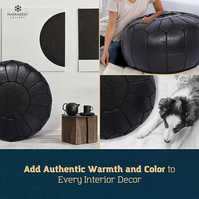 Marrakesh Gallery Genuine Leather Round Pouf Unstuffed - Moroccan Ottoman Footstool, Footrest Cover - Boho Decor - Bohemian Living Room, Bedroom, Kids Room, Gift & Wedding