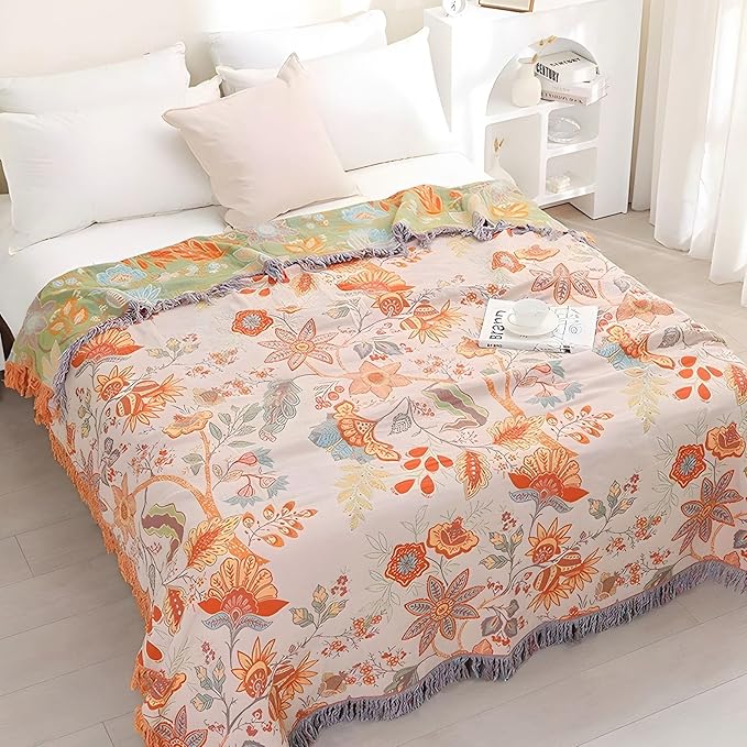 Boho Throw Blanket for Bed - 100% Pure Cotton Ultra Soft Rustic Quilt - Farmhouse Decor Bed Blankets, All Season Rustic Throw for Sofa Couch Chair(80''x 90'', Floral)