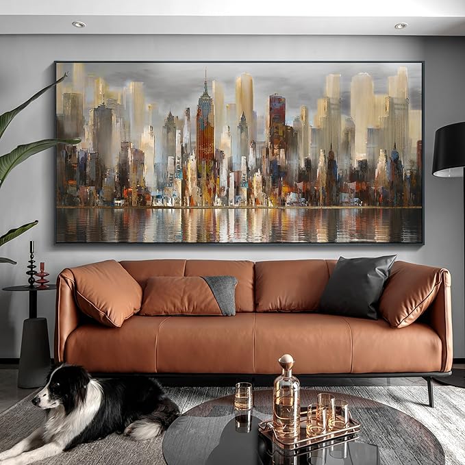 Mofutinpo Large Black Framed Cityscape New York abstract wall art Brown City Theme Paintings Modern Canvas office wall decor living room modern artwork Size 30x60