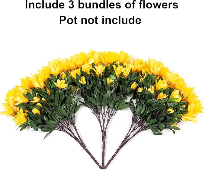 INSPRING Artificial Fall Flowers for Outdoors, 3 Bundles Fake Plants Silk Azalea Bouquet UV Resistant Realistic Faux Fall Flowers for Outdoor Planters Front Door Patio Garden Walkways Home, Yellow