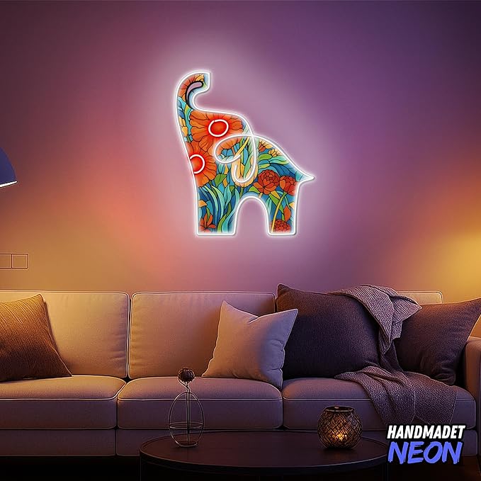 Personalized Floral Elephant Neon Sign, Custom UV Printed Flower Animal Decor Led Light, Flowers Wall Art Lights Signs, Decorative Gifts For Friends, Kids, Mom, Elephants Lovers