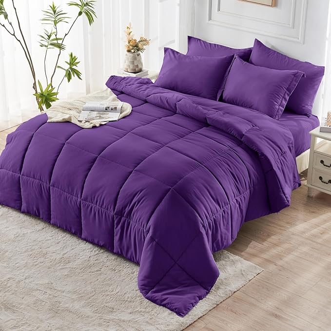 JOLLYVOGUE California King Comforter Set, Ultra-Soft Bed in a Bag Cal King Size 7 Pieces, Oeko-TEX Certified Bedding Set with Down Alternative Comforter, Sheets, Pillowcases & Shams, Purple