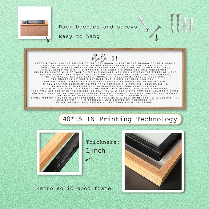 LuZhiQiang Psalm 91 Wall Decor Art 40"×15" Bible Verse Sign for Family Bedroom Christian Large Wood Framed Wall Hanging (Wood)