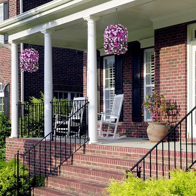Artificial Fake Fall Hanging Mums Flowers Plants for Outdoor Outside, 2 PCS Faux Silk Morning Glory Trailing Vines Look Real UV Resistant for Porch Planter Patio Decor (Light Fuchsia and Fuchsia)