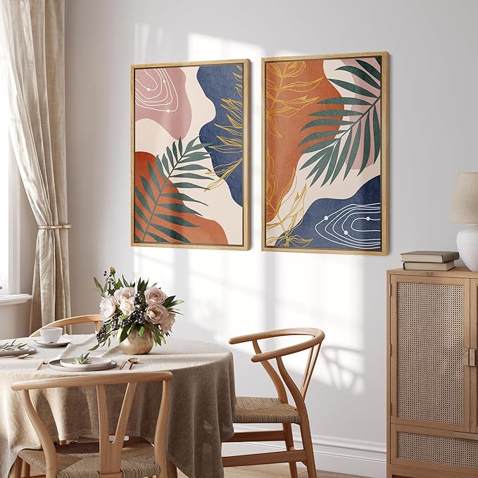 SIGNFORD Framed Canvas Print Wall Art Set Retro Mid-Century Geometric Forest Plants Abstract Shapes Illustrations Modern Art Decorative Bohemian for Living Room, Bedroom, Office - 24"x36"x2 Natural