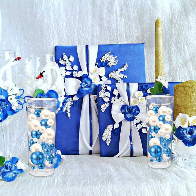 100PCS Blue White Faux Pearls Beads for Centerpiece Vases, Vase Filler Faux Pearls, No Holes Filler Beads for Party Anniversary Birthday Wedding Table Decor, 14/20/30mm