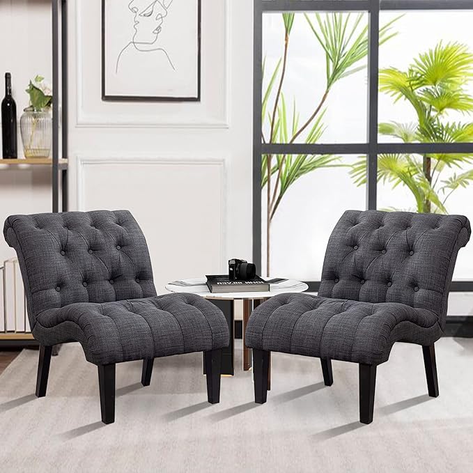 Yongqiang Accent Chairs Set of 2 Upholstered Living Room Bedroom Side Chairs Curved Button Tufted Armless Lounge Chair with Wood Legs Gray Fabric