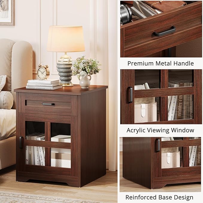 Farmhouse 18'' End Table, Narrow Sofa Side Table with Drawer and Barn Door, Wooden Nightstand Storage Cabinet for Living Room and Bedroom