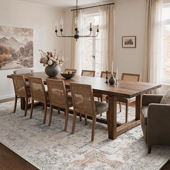 GENIMO 10x12 Area Rugs for Living Room, Non Slip Machine Washable Vintage Rugs, Low Pile Lightweight Chenille Print Large Rug for Bedroom, Dining Room, Home Office, Light Taupe Brown