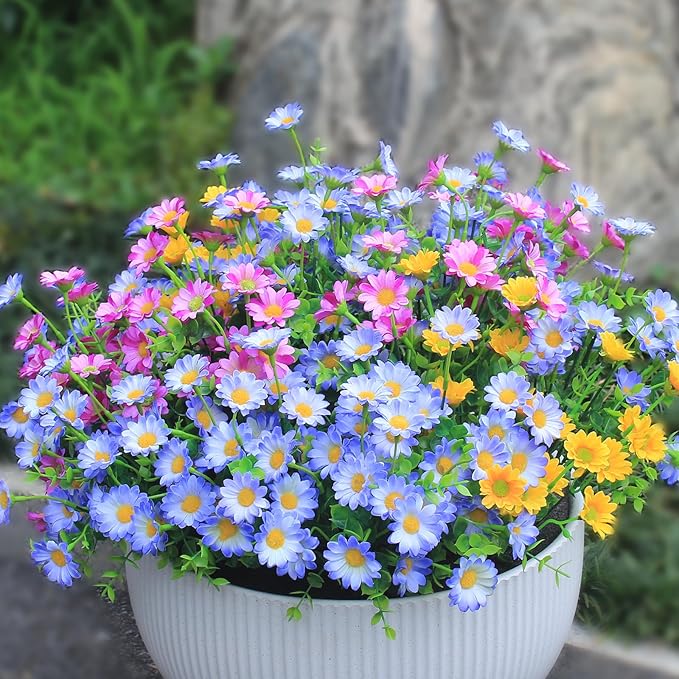 alyptus Artificial Daisy Flowers Outdoor Decoration 16 Bundles UV Resistant Blue Fake Silk Plants for Stunning Front Porch Pot Decor Outside (16 Bundle NO.P)