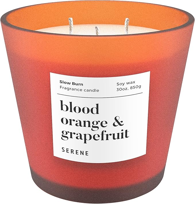 Hidden Label Large Scented Candle, Blood Orange & Grapefruit, 30oz 3 Wick Huge Candle, Serene Collection Slow Burn Natural Soy Candles for Home Scented