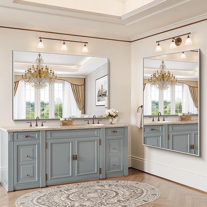 YIROMAN Bathroom Mirror 60"x40", Large Brushed Silver Bathroom Mirror for Over Sink with Aluminum Frame, Rectangular Vanity Mirror with Right Angle, Wall Mirror Hangs Horizontal or Vertical